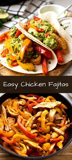 easy chicken fajitas with peppers and guacamole in a skillet