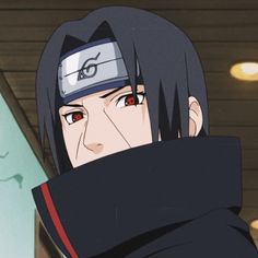 an anime character with black hair and red eyes looking at something in front of him