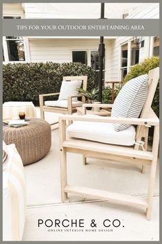 an outdoor seating area with chairs and pillows