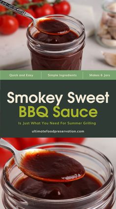 smokey sweet bbq sauce in a glass jar with a spoon on the side