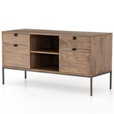 the sideboard is made from wood and has two drawers on one end, and an open drawer on the other