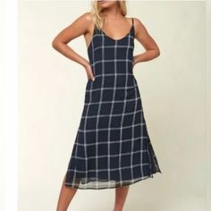 Nwot Checkered Navy Chiffon Overlay Fully Lined Adjustable Spaghetti Strap Slits On Each Side Mid-Length Window Pane Button Closure Ptp 16" Questionsleave A Comment Below Bundle For Shipping Savings Offers/Counter-Offers Welcome Rust Color Dress, Sheer Midi Dress, Lime Green Shorts, Blue Summer Dresses, Navy Floral Dress, Chiffon Overlay, Window Pane, Peasant Dress, Tennis Dress