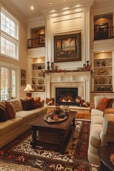 a living room filled with furniture and a fire place in the middle of a room