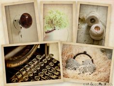 four pictures of old fashioned typewriters, flowers and eggs are shown in this collage