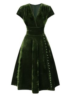 Green 1940s Deep V-Neck Pearl Velvet Dress | Retro Stage Velvet Dress Green, Overalls Design, 1940 Dress, 1940s Fashion Women, Vintage Christmas Dress, 1940s Fashion Dresses, Retro Stage, Overalls Shorts, Christmas Dress Women