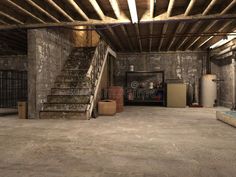 an empty garage with stairs and boxes in it royalty illustration stock images, 3d renderings,