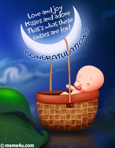 a baby sleeping in a basket with a moon above it and the words congratulations written below