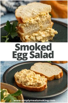 an egg salad sandwich is shown with the words smoked egg salad on it