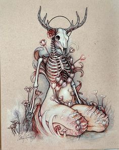 a drawing of a skeleton sitting on top of a person's body with horns