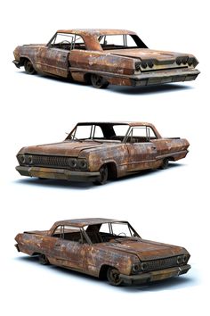 an old rusty car is shown in three different angles, including the front and back