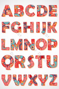 the letters are made up of colorful flowers and paisley patterns on white paper, with red lettering