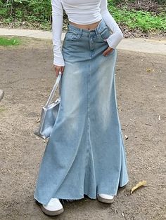 Vintage Distressed Mermaid Denim Skirt Personalized Jeans, Streetwear Denim, Denim Skirt Outfits, Jeans Streetwear, Long Skirt Outfits, Maxi Skirt Outfits, Rock Outfit, Skirt Cotton, Denim Skirts