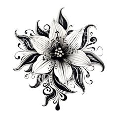 a black and white drawing of a flower with swirls on it's petals