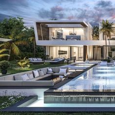 an artist's rendering of a house with a pool and lounge area in the foreground