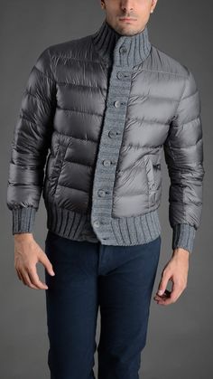 Quilted down jacket with collar, cuffs an borders in knitted wool, two welt pockets, button fastening, gose down padding, 100% polyammide. #herno Parka Jacket Outfit, Mans Clothes, Winter Jackets For Men, Mens Outwear, Jacket With Collar, Mens Down Jacket, Mens Winter Coat