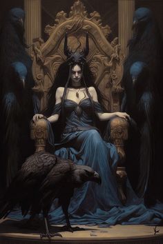 a painting of a woman sitting on a throne with two crows around her and one crow standing next to her