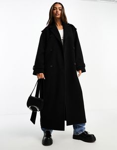 Large Trench Coat Outfit, Black Belted Coat, Outfit With Long Coat, Weekday Coat, Winter Black Coat, Outfit With Black Trench Coat, Uniqlo Down Jacket, Black Long Jacket, Oversized Black Coat