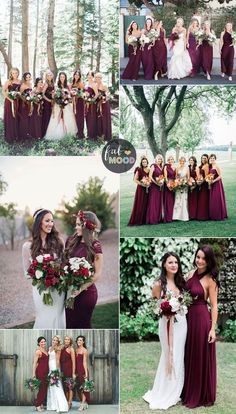 the bride and her bridal party are posing for pictures in their burgundy gowns