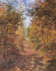 a painting of a dirt road surrounded by trees