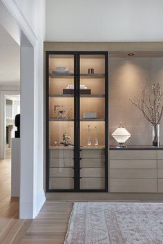 an empty living room with glass shelves and vases on the wall, along with a rug