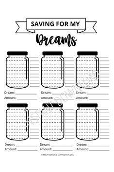 mason jar worksheet with the words saving for my dreams written in black and white