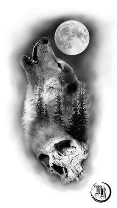 the wolf is looking up at the moon