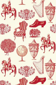 red and white wallpaper with various types of vases, horses, and other items