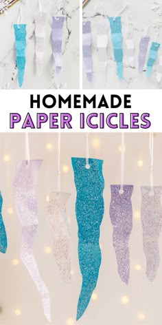 homemade paper icing mermaid tail ornaments hanging from strings