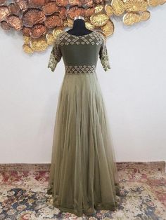 Olive Green Pearl Work Net Anarkali - Trendroots Gold Anarkali Set With Pearl Embroidery, Olive Green Anarkali, Elegant Semi-stitched Pearl Embroidered Anarkali Set, Elegant Green Embroidered Abaya, Embroidered Long Green Abaya, Net Gowns, Green Pearls, Sequins Embroidery, Anarkali