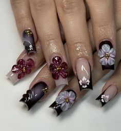 Acrylic Nails 3d, Fall Press On Nails, Nails Aura, Orchid Nails, Nails Fall Nails, Aura Nails, Flowers Acrylic, Nails 3d, Dark Mauve