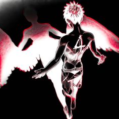 an anime character with white hair and angel wings on his body, standing in front of a black background