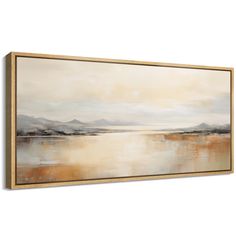 a painting hanging on the wall above a white wall with a lake and mountains in the background