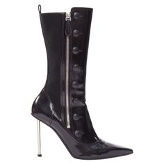 ALEXANDER MCQUEEN Victorian black leather silver pin heel pointy boots EU38 Reference: KEDG/A00307 Brand: Alexander McQueen Designer: Sarah Burton Model: Victorian Material: Leather Color: Black, Silver Pattern: Solid Closure: Zip Lining: Black Leather Extra Details: Black shiny brushed calf leather Victorian-inspired boot featuring a point-toe silhouette with tonal covered nappa leather buttons. The boot has a silver needle heel and is finished with ribbed stretch side panels and side zip-faste Alexander Mcqueen Boots, Pointy Boots, Alexander Mcqueen Bag, Sarah Burton, Buckled Heels, Brown Leopard, Silver Pin, Ankle Strap Pumps, Leather Silver