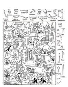 a coloring page with an image of a city in the middle and lots of other things on