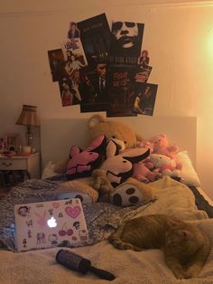 an orange cat laying on top of a bed next to stuffed animals and a laptop