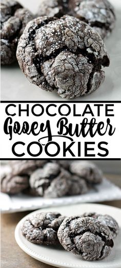 chocolate gooey butter cookies on a white plate with the words, chocolate gooey butter cookies