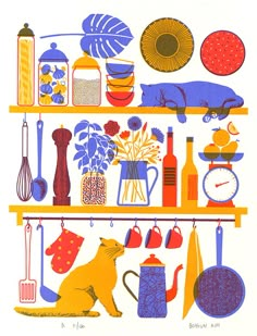 an image of a kitchen shelf with various items on it