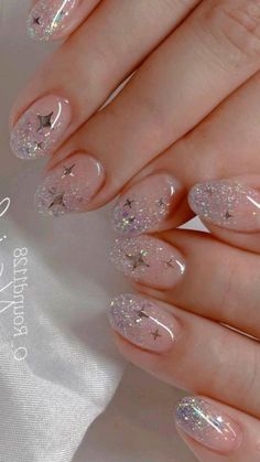 Gel Nail 2023, Aura Glitter Nails, Reverse Glitter Nails, Funny Nail Art Designs, Nail Art Sparkle Design, Elegant Nails Sparkle, K Nails Art Designs, Fairy Dust Nails Glitter, Celestial Wedding Nails