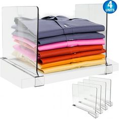 four clear acrylic shelves with folded shirts on them