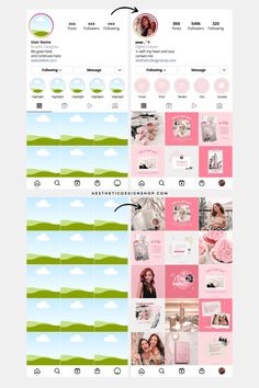 the design process for an instagramtion board is shown in pink, green and white