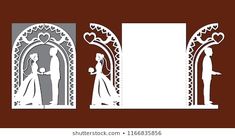 wedding scene cut out from paper with the bride and groom standing in front of an arch