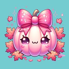 a cartoon pumpkin with a pink bow on it's head and leaves around it