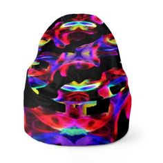 the bean bag is filled with multicolored abstract shapes and has a black background