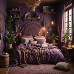 a bedroom with purple walls and lots of plants