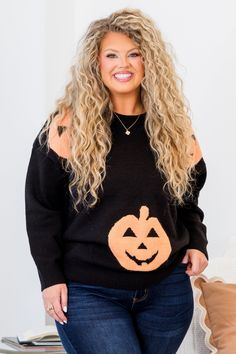 Get ready to show off your playful spirit with this sweater! This black sweater features a fun pumpkin knitting, perfect for adding some quirkiness to your fall wardrobe! Don't miss out on this must-have piece for the fall! 42% Acrylic, 28% Polyamide, 30% Polyester Spooky Black Long Sleeve Sweater, Spooky Long Sleeve Black Sweater, Casual Black Halloween Sweater, Casual Black Sweater For Halloween, Fun Long Sleeve Fall Tops, Fun Long Sleeve Tops For Fall, Black Knit Sweater For Fall, Casual Halloween Knit Sweater, Fun Oversized Winter Sweater