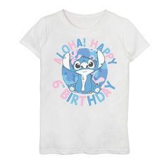 a white t - shirt with an image of stitchy and the words happy birthday on it