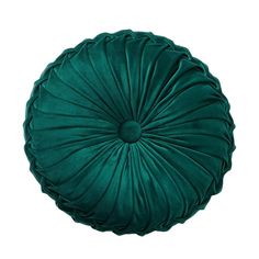 a green round pillow with pleated edges on a white background, it is also available for use as a decorative piece