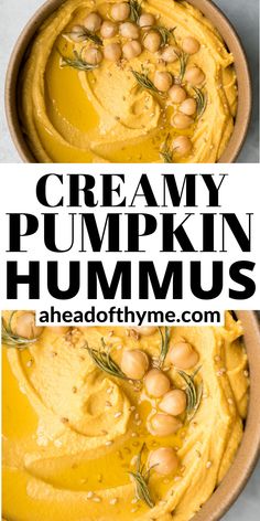 creamy pumpkin hummus in a bowl with rosemary sprigs