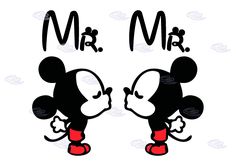 mickey and minnie mouse kissing each other with the words mr and mrs above them on a white background