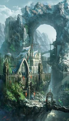 an artistic painting of a castle in the middle of a mountain with a bridge going through it